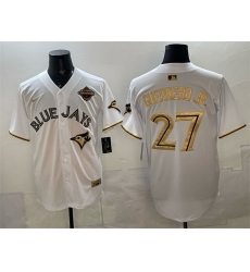 Men Toronto Blue Jays 27 Vladimir Guerrero Jr  White Gold 2025 American League Champions Limited Stitched Baseball Jersey
