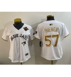 Youth Toronto Blue Jays 57 Shane Bieber White Gold 2025 American League Champions Limited Stitched Baseball Jersey