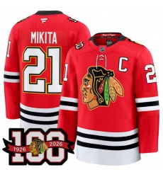 Men Chicago Blackhawks 21 Stan Mikita Red 2025 Home 100th Anniversary Stitched Hockey Jersey