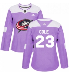 Womens Adidas Columbus Blue Jackets 23 Ian Cole Authentic Purple Fights Cancer Practice NHL Jersey Womens Adidas Columbus Blue Jackets 23 Ian Cole Authentic Purple Fights Cancer Practice NHL Jersey