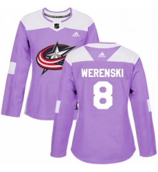 Womens Adidas Columbus Blue Jackets 8 Zach Werenski Authentic Purple Fights Cancer Practice NHL Jersey Womens Adidas Columbus Blue Jackets 8 Zach Werenski Authentic Purple Fights Cancer Practice NHL Jersey