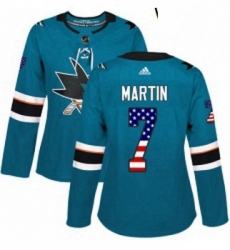 Womens Adidas San Jose Sharks 7 Paul Martin Authentic Teal Green USA Flag Fashion NHL Jersey Womens Adidas San Jose Sharks 7 Paul Martin Authentic Teal Green USA Flag Fashion NHL Jersey