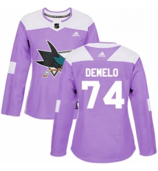 Womens Adidas San Jose Sharks 74 Dylan DeMelo Authentic Purple Fights Cancer Practice NHL Jersey Womens Adidas San Jose Sharks 74 Dylan DeMelo Authentic Purple Fights Cancer Practice NHL Jersey