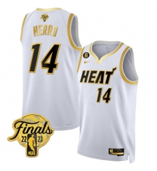 Men Miami Heat 14 Tyler Herro White Gold Edition 2023 Finals Collection With NO 6 Patch Stitched Basketball Jersey Men Miami Heat 14 Tyler Herro White Gold Edition 2023 Finals Collection With NO 6 Patch Stitched Basketball Jersey