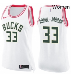 Womens Nike Milwaukee Bucks 33 Kareem Abdul Jabbar Swingman WhitePink Fashion NBA Jersey Womens Nike Milwaukee Bucks 33 Kareem Abdul Jabbar Swingman WhitePink Fashion NBA Jersey
