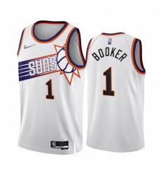 Men's Phoenix Suns #1 Devin Booker 2022-23 White 75th Anniversary Association Edition Stitched Jersey Men's Phoenix Suns #1 Devin Booker 2022-23 White 75th Anniversary Association Edition Stitched Jersey