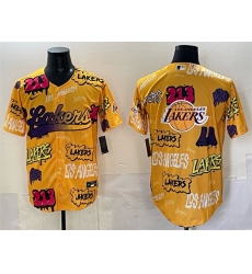 Men Los Angeles Lakers Team Big Logo Yellow Limited Stitched Baseball Jersey 2