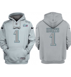 Men Philadelphia Eagles 1 Jalen Hurts Grey Atmosphere Fashion Super Bowl LVII Patch Pullover Hoodie Men Philadelphia Eagles 1 Jalen Hurts Grey Atmosphere Fashion Super Bowl LVII Patch Pullover Hoodie