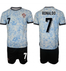 Men Portugal Team 7 Ronaldo 2024 25 White Blue Away Soccer Jersey Suit