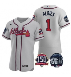 Men Atlanta Braves 1 Ozzie Albies 2021 Grey World Series With 150th Anniversary Patch Stitched Baseball Jersey Men Atlanta Braves 1 Ozzie Albies 2021 Grey World Series With 150th Anniversary Patch Stitched Baseball Jersey
