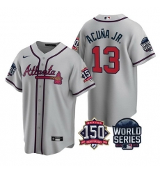 Men Atlanta Braves 13 Ronald Acuna Jr 2021 Gray World Series With 150th Anniversary Patch Cool Base Stitched Jersey Men Atlanta Braves 13 Ronald Acuna Jr 2021 Gray World Series With 150th Anniversary Patch Cool Base Stitched Jersey