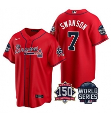 Men Atlanta Braves 7 Dansby Swanson 2021 Red World Series With 150th Anniversary Patch Cool Base Stitched Jersey Men Atlanta Braves 7 Dansby Swanson 2021 Red World Series With 150th Anniversary Patch Cool Base Stitched Jersey