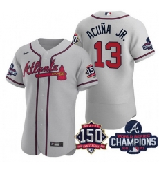 Men's Grey Atlanta Braves #13 Ronald Acuna Jr. 2021 World Series Champions With 150th Anniversary Flex Base Stitched Jersey Men's Grey Atlanta Braves #13 Ronald Acuna Jr. 2021 World Series Champions With 150th Anniversary Flex Base Stitched Jersey
