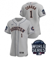 Men Houston Astros 1 Carlos Correa 2021 Grey World Series Flex Base Stitched Baseball Jersey Men Houston Astros 1 Carlos Correa 2021 Grey World Series Flex Base Stitched Baseball Jersey