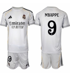 Men Real Madrid 9 Kylian Mbappe 25 26 White Home Soccer Jersey Suit Men Real Madrid 9 Kylian Mbappe 25 26 White Home Soccer Jersey Suit