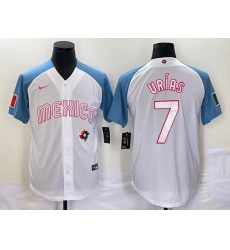 Men's Mexico Baseball #7 Julio Urias 2023 White Blue World Classic Stitched Jersey Men's Mexico Baseball #7 Julio Urias 2023 White Blue World Classic Stitched Jersey