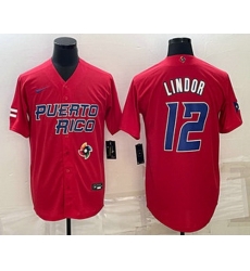 Men's Puerto Rico Baseball #12 Francisco Lindor 2023 Red World Baseball Classic Stitched Jersey Men's Puerto Rico Baseball #12 Francisco Lindor 2023 Red World Baseball Classic Stitched Jersey