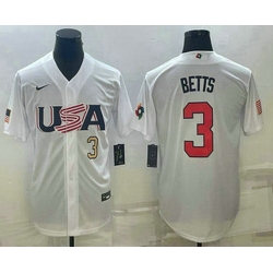 Mens USA Baseball #3 Mookie Betts Number 2023 White World Baseball Classic Replica Stitched Jersey