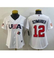 Womens USA Baseball 12 Kyle Schwarber 2023 White World Classic Stitched Jerseys Womens USA Baseball 12 Kyle Schwarber 2023 White World Classic Stitched Jerseys
