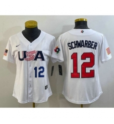 Womens USA Baseball 12 Kyle Schwarber Number 2023 White World Classic Stitched Jersey Womens USA Baseball 12 Kyle Schwarber Number 2023 White World Classic Stitched Jersey