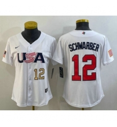 Womens USA Baseball 12 Kyle Schwarber Number 2023 White World Classic Stitched Jerseys Womens USA Baseball 12 Kyle Schwarber Number 2023 White World Classic Stitched Jerseys