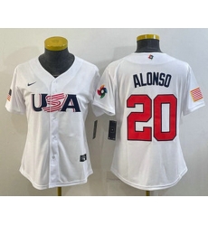 Women's USA Baseball #20 Pete Alonso 2023 White World Classic Stitched Jersey II Women's USA Baseball #20 Pete Alonso 2023 White World Classic Stitched Jersey II