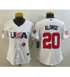 Women's USA Baseball #20 Pete Alonso 2023 White World Classic Stitched Jerseys Women's USA Baseball #20 Pete Alonso 2023 White World Classic Stitched Jerseys