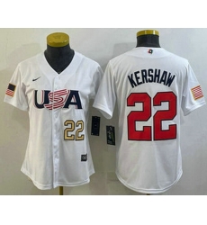 Womens USA Baseball #22 Clayton Kershaw Number 2023 White World Classic Stitched Jersey Womens USA Baseball #22 Clayton Kershaw Number 2023 White World Classic Stitched Jersey