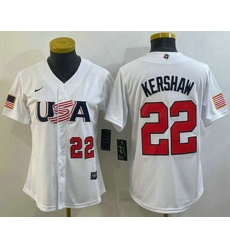 Women's USA Baseball #22 Clayton Kershaw Number 2023 White World Classic Stitched Jerseys Women's USA Baseball #22 Clayton Kershaw Number 2023 White World Classic Stitched Jerseys