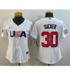 Women's USA Baseball #30 Kyle Tucker 2023 White World Classic Stitched Jersey Women's USA Baseball #30 Kyle Tucker 2023 White World Classic Stitched Jersey
