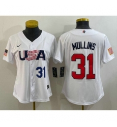 Womens USA Baseball 31 Cedric Mullins Number 2023 White World Classic Stitched Jerseys Womens USA Baseball 31 Cedric Mullins Number 2023 White World Classic Stitched Jerseys