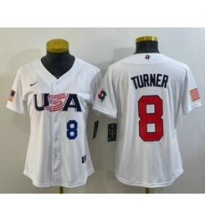 Womens USA Baseball 8 Trea Turner Number 2023 White World Classic Stitched Jersey Womens USA Baseball 8 Trea Turner Number 2023 White World Classic Stitched Jersey
