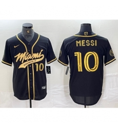 Men Inter Miami CF 10 Lionel Messi Black Gold Cool Base Stitched Baseball Jersey