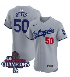 Men Nike Los Angeles Dodgers Mookie Betts #50 Gray Flex Base 2024 World Series Champions Stitched MLB Jersey Men Nike Los Angeles Dodgers Mookie Betts #50 Gray Flex Base 2024 World Series Champions Stitched MLB Jersey