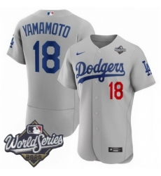 Men Los Angeles Dodgers 18 Yoshinobu Yamamoto 2025 World Series Cool Base Stitched Baseball Jersey Gray