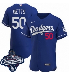 Men Los Angeles Dodgers 50 Mookie Betts Cool Base 2025 World Champions Stitched Baseball Jersey Blue