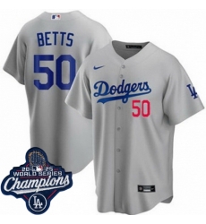 Men Los Angeles Dodgers 50 Mookie Betts Cool Base 2025 World Champions Stitched Baseball Jersey Gray