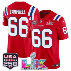Men New England Patriots 66 Will Campbell Red 2025 F U S E  Super Bowl LX Patch And USA 250 27 Patch Vapor Limited Football Stitched Jersey