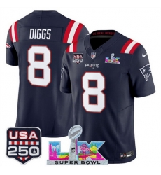 Men New England Patriots 8 Stefon Diggs Navy 2025 F U S E  Super Bowl LX Patch And USA 250 27 Patch Vapor Limited Football Stitched Jersey
