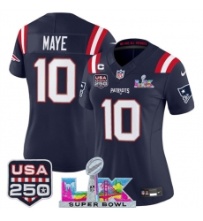 Women New England Patriots 10 Drake Maye Navy 2025 F U S E  1 Star C Patch And Super Bowl LX Patch  26 USA 250 27 Patch Vapor Limited Football Stitched Jer