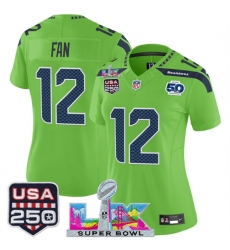 Women Seattle Seahawks 12 Fan Green 2025 F U S E Super Bowl LX Patch And 50th Season 26 USA 250 27 Patch Vapor Limited Football Stitched Jersey Women Seattle Seahawks 12 Fan Green 2025 F U S E Super Bowl LX Patch And 50th Season 26 USA 250 27 Patch Vapor Limited Football Stitched Jersey