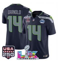 Men Seattle Seahawks 14 Sam Darnold Navy 2025 F U S E Super Bowl LX Patch And 50th Season USA 250 Patch Vapor Throwback Limited Stitched Football Jersey Men Seattle Seahawks 14 Sam Darnold Navy 2025 F U S E Super Bowl LX Patch And 50th Season USA 250 Patch Vapor Throwback Limited Stitched Football Jersey