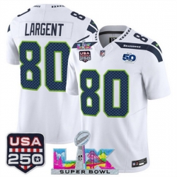 Men Seattle Seahawks 80 Steve Largent White 2025 F U S E  Super Bowl LX Patch And 50th Season  USA 250 Patch Vapor Limited Football Stitched Jersey