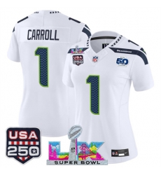 Women Seattle Seahawks 1 Pete Carroll White 2025 F U S E Super Bowl LX Patch And 50th Season 26 USA 250 27 Patch Vapor Limited Football Stitched Jersey Women Seattle Seahawks 1 Pete Carroll White 2025 F U S E Super Bowl LX Patch And 50th Season 26 USA 250 27 Patch Vapor Limited Football Stitched Jersey