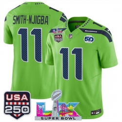 Youth Seattle Seahawks 11 Jaxon Smith Njigba Green 2025 F U S E  Super Bowl LX Patch And 50th Season  USA 250 Patch Vapor Limited Stitched Football Jersey
