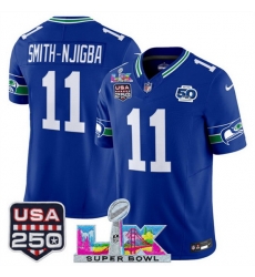 Youth Seattle Seahawks 11 Jaxon Smith Njigba Royal 2025 F U S E  Super Bowl LX Patch And 50th Season  USA 250 Patch Vapor Throwback Limited Stitched Footba
