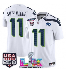 Youth Seattle Seahawks 11 Jaxon Smith Njigba White 2025 F U S E  Super Bowl LX Patch And 50th Season  USA 250 Patch Vapor Limited Stitched Football Jersey