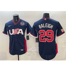 Men USA Baseball  29 Cal Raleigh Navy 2026 World Baseball Classic United States 250th Anniversary Patch Road Stadium Stitched Jersey