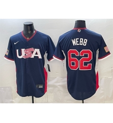 Men USA Baseball  62 Logan Webb Navy 2026 World Baseball Classic Road Stadium Stitched Jersey